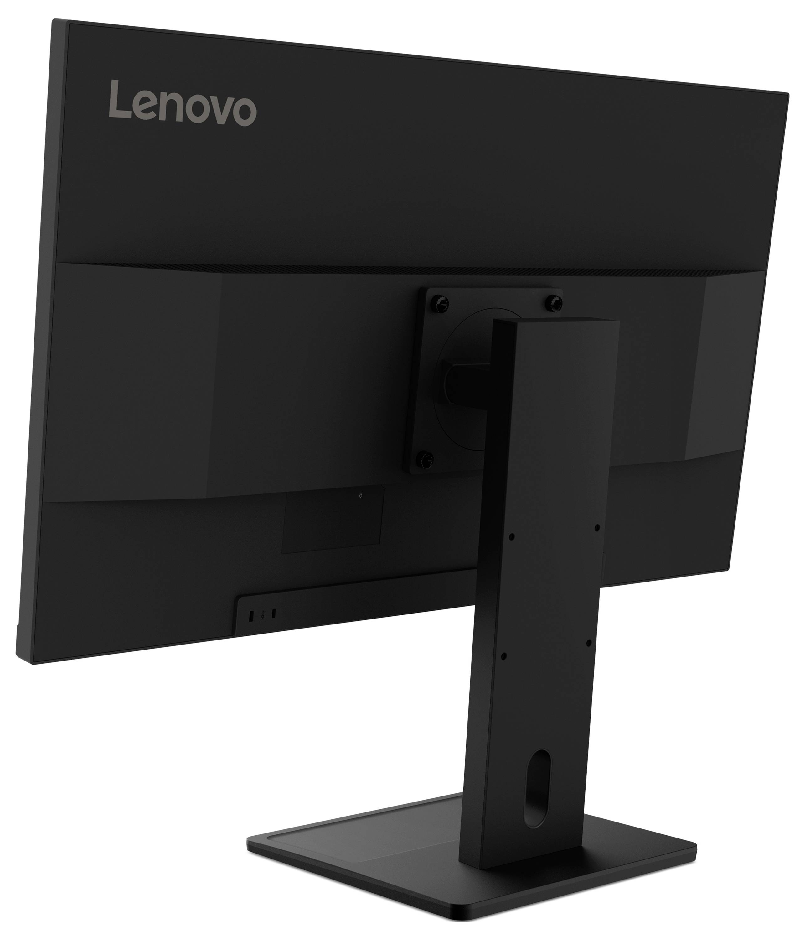 Bagtilview af en Lenovo skrivebordsskærm med et centralt stativ og kvadratisk base på hvid baggrund.