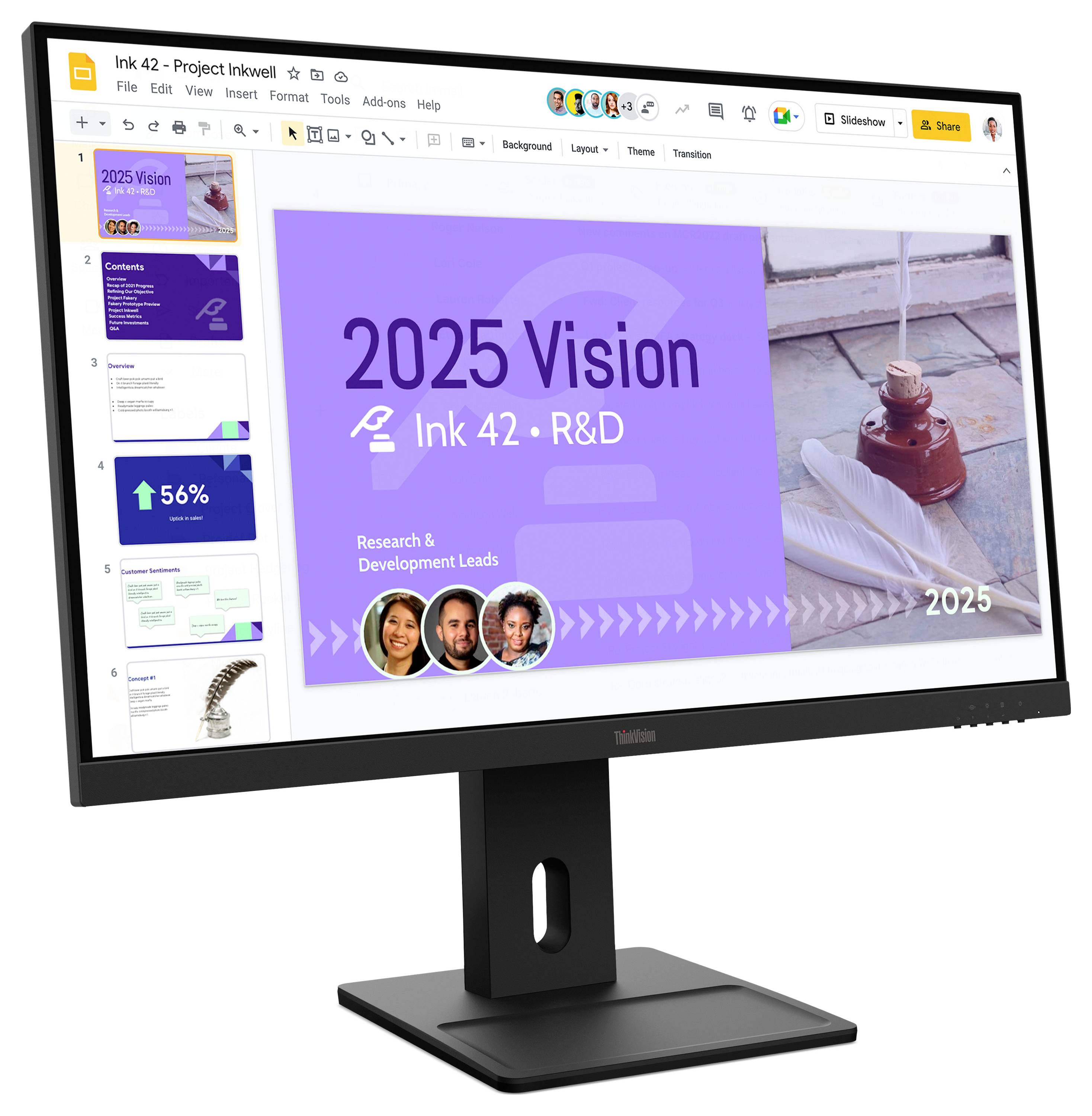 En skrivebordsskærm viser en Google Slides-præsentation med titlen "2025 Vision" til Ink 42 R&D, med et lilla titelslade og slideminiaturer til venstre.