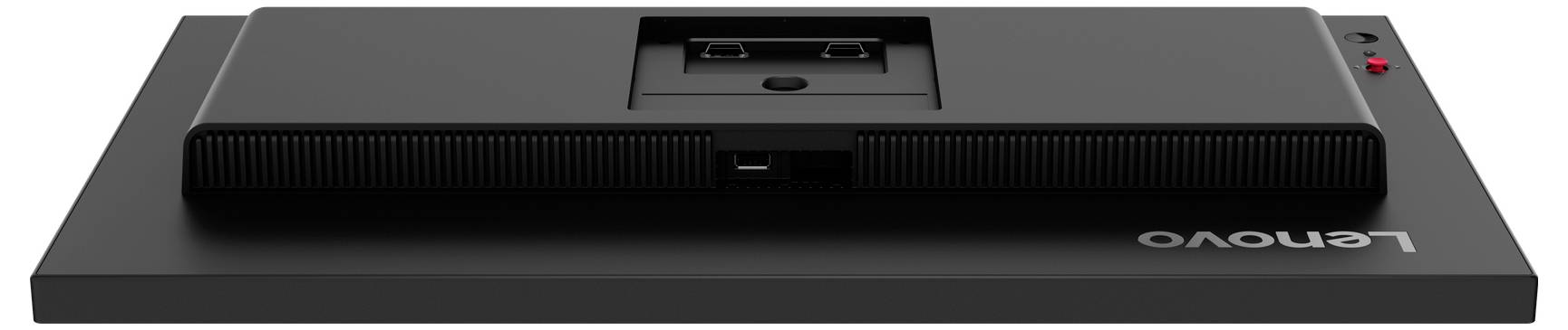 Bagtilsyn af en Lenovo-monitorbase med integreret stativ og kabelstyringsspor, vist fra oven på hvid baggrund.