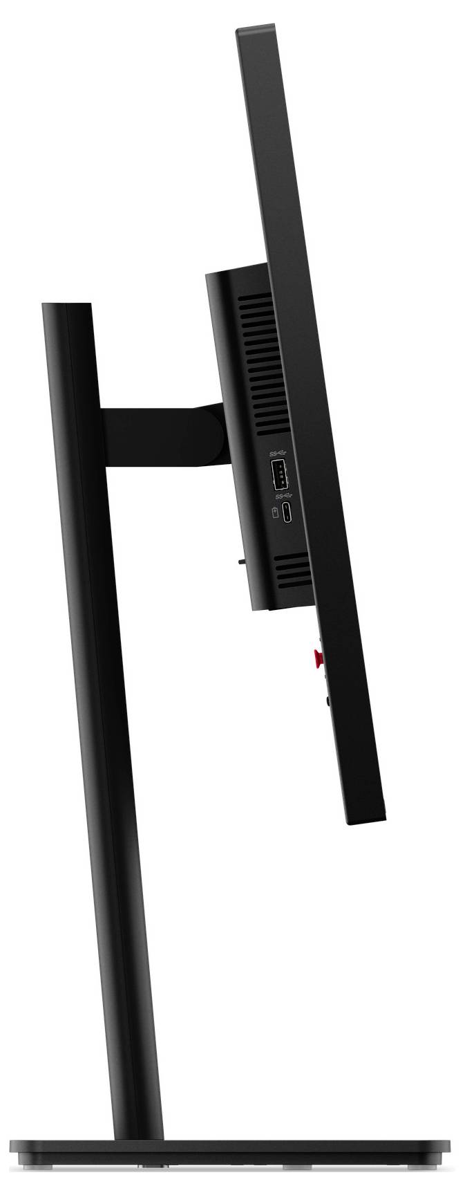Sideview af en sort stationær monitor på et stativ, der viser det tynde skærm og bagpanel med ventilationshuller og porte.