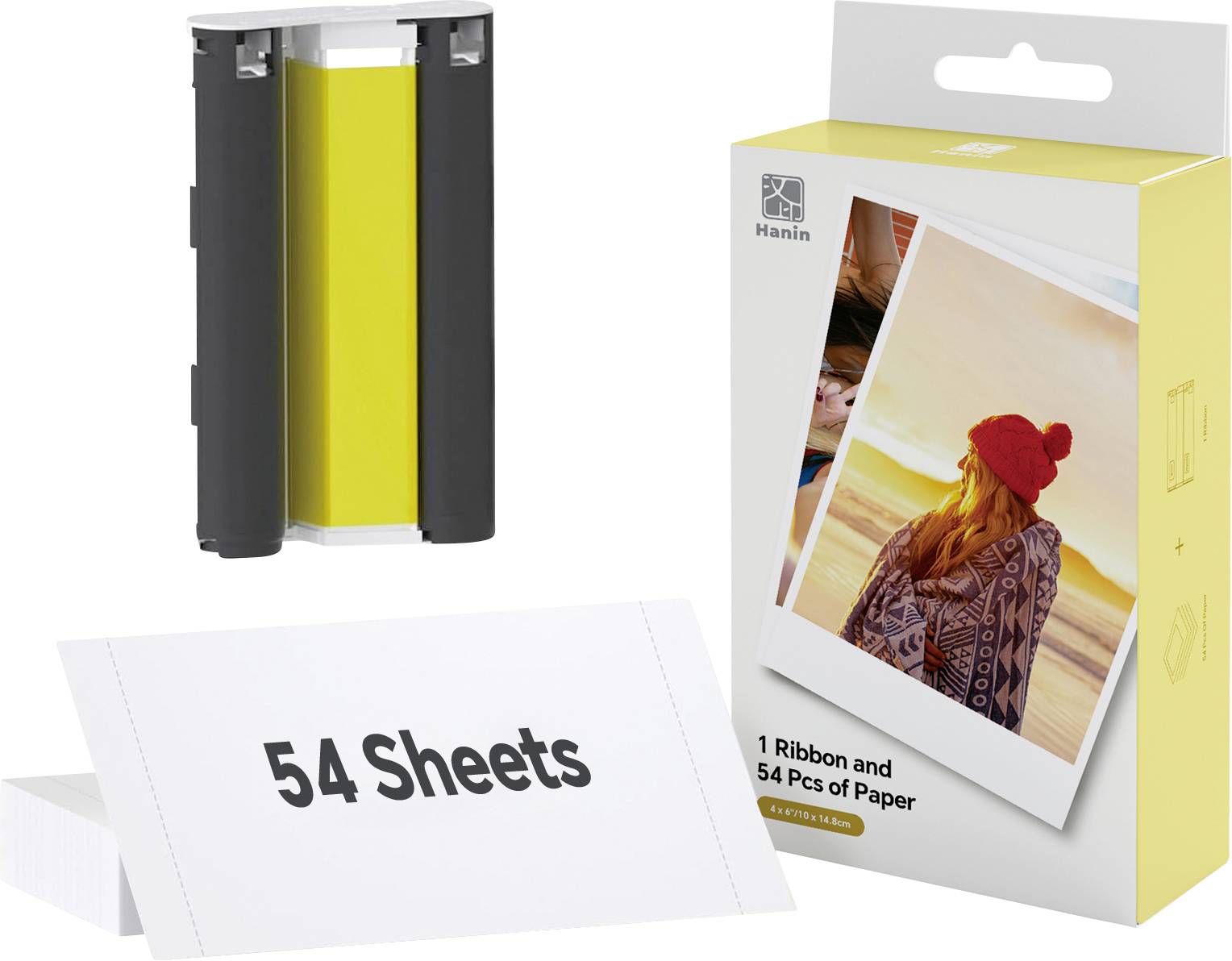 Bærbart fotoprinterpapir-sæt med 54 ark og ét bånd, vist med printpatronen og produktemballagen.