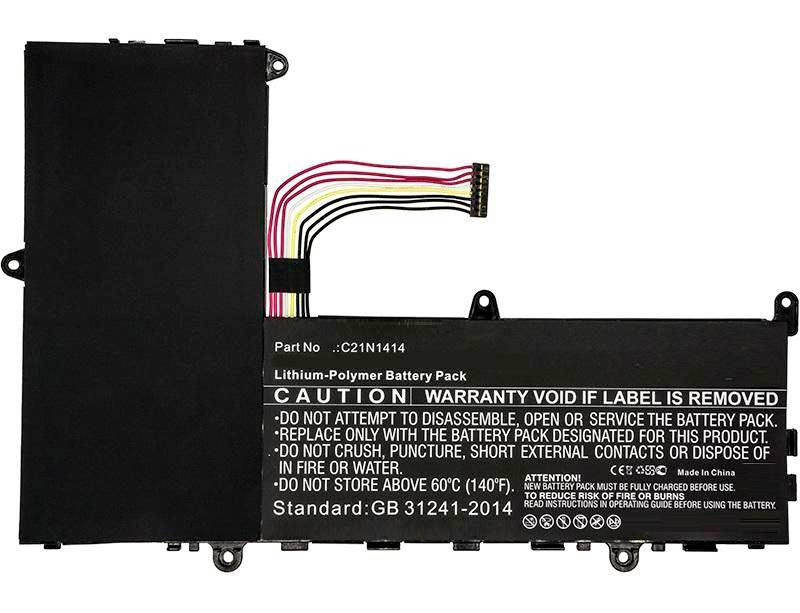 Bærbar litium-polymer-batteripakke med tilsluttet ledning og advarselsmærkater, vist på hvid baggrund.