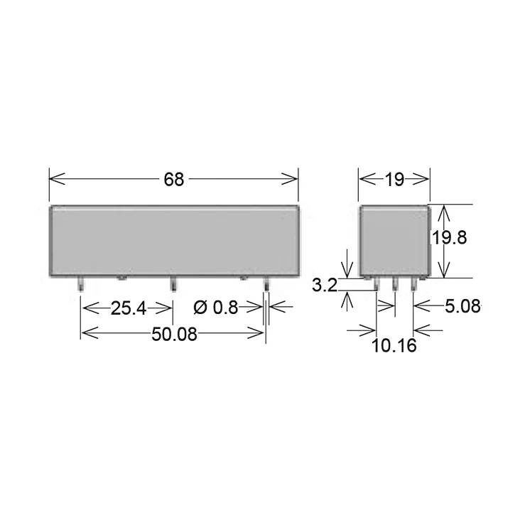 Teknisk dimensionstegning af en rektangulær elektronisk komponent, der viser for- og sidevisninger med målinger på 68 mm lange, 19 mm brede og 19,8 mm høje, plus detaljer om pinkodespacing.