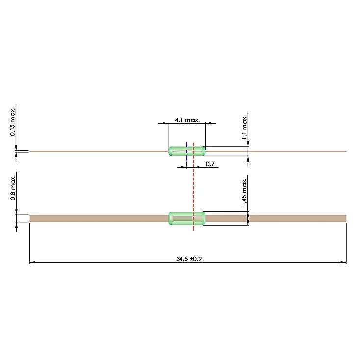 Teknisk dimensionstegning af en lille cylindrisk komponent på en tråd og strimmel, viser maksimale størrelser og afstandsmålinger i millimeter.