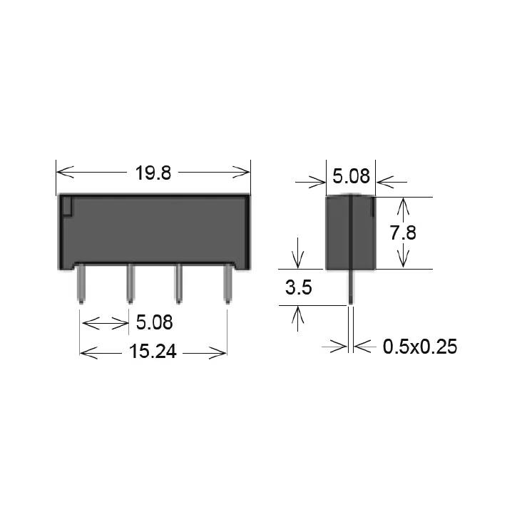 Dimensioneret tegning af et 4-ben elektronisk komponentpakkeformat, der viser top- og sidevisninger med målinger: 19,8 mm bredde, 5,08 mm stigning, 7,8 mm højde, 3,5 mm kropssdybde og 0,5 x 0,25 mm ledninger.