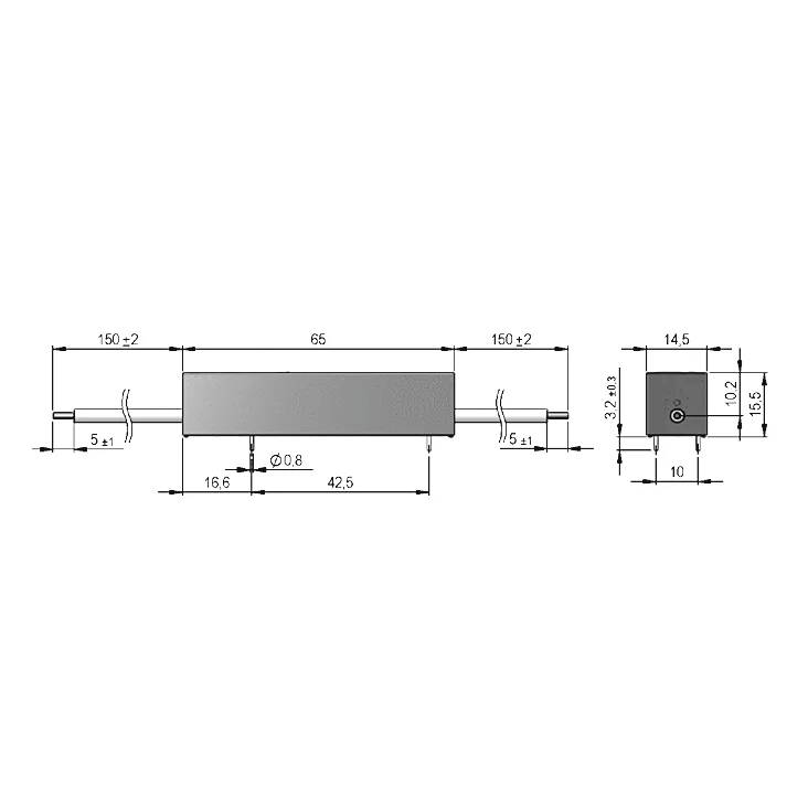 Teknisk tegning af en cylindrisk komponent med en 65 mm centeran del og 150±2 mm akselforlængelser på begge sider, plus dimensioner på endevisning.