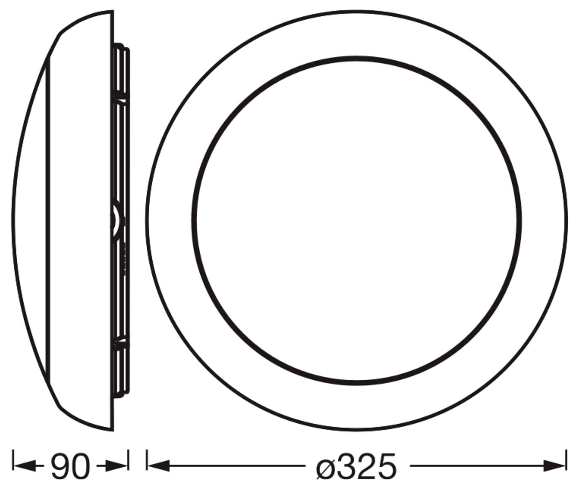 Teknisk tegning af et rundt nedsænket lys, der viser side- og frontvisninger med dimensioner på 90 mm dybde og 325 mm diameter.