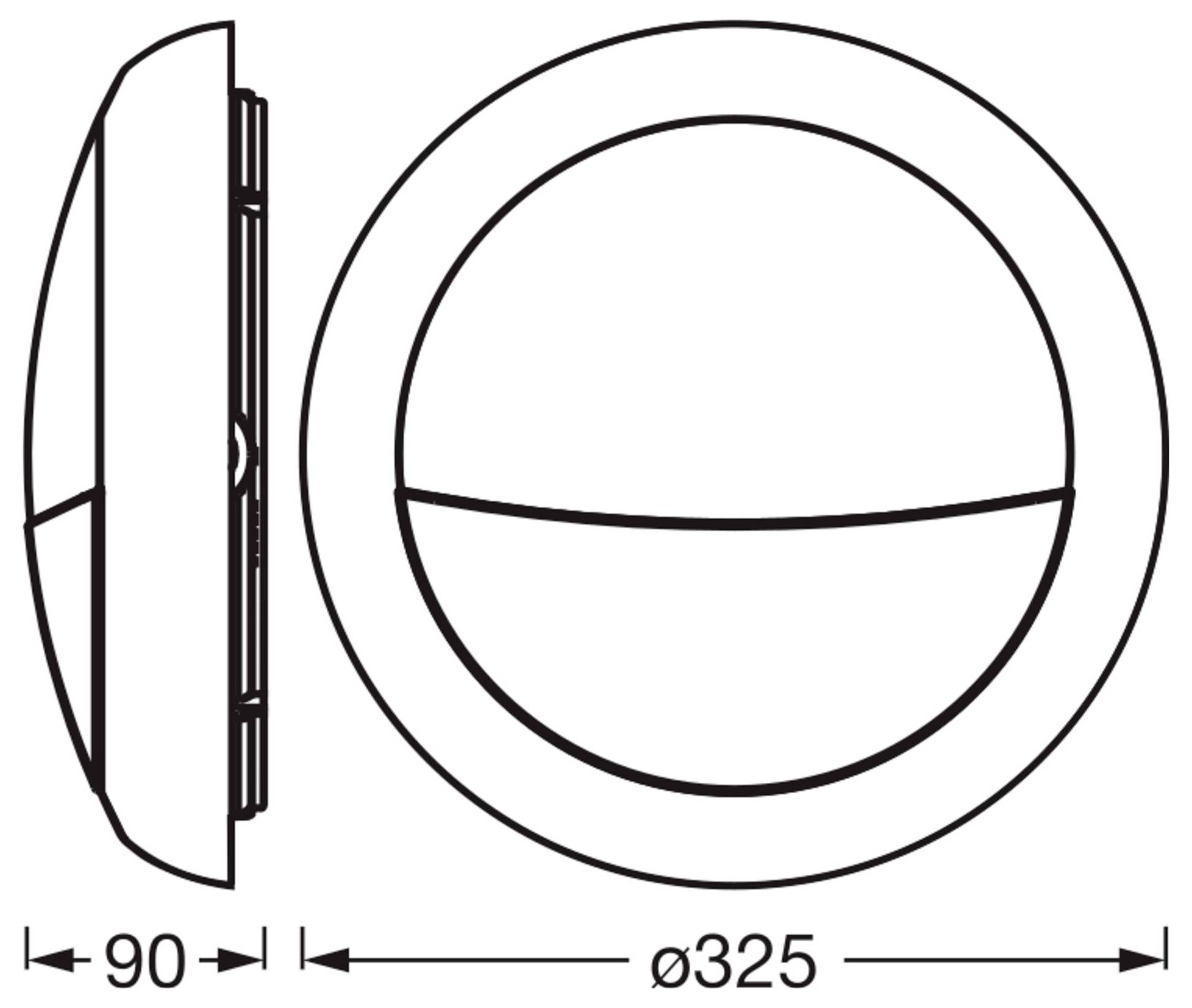 Teknisk tegning af en rund væglampe, vist i side- og forvendeansigt, med dimensioner 90 mm dybde og 325 mm diameter.