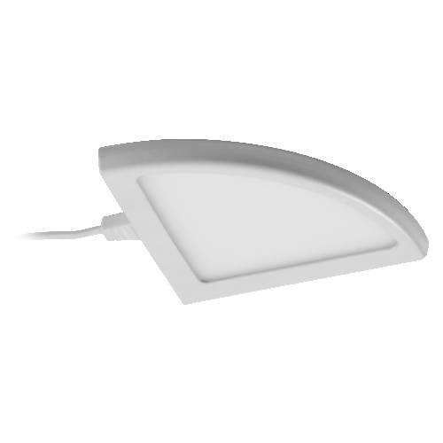 Hvid plug-in LED-væglampe med buet rektangulær form og fastmonteret strømkabel, vist på en ensfarvet baggrund.