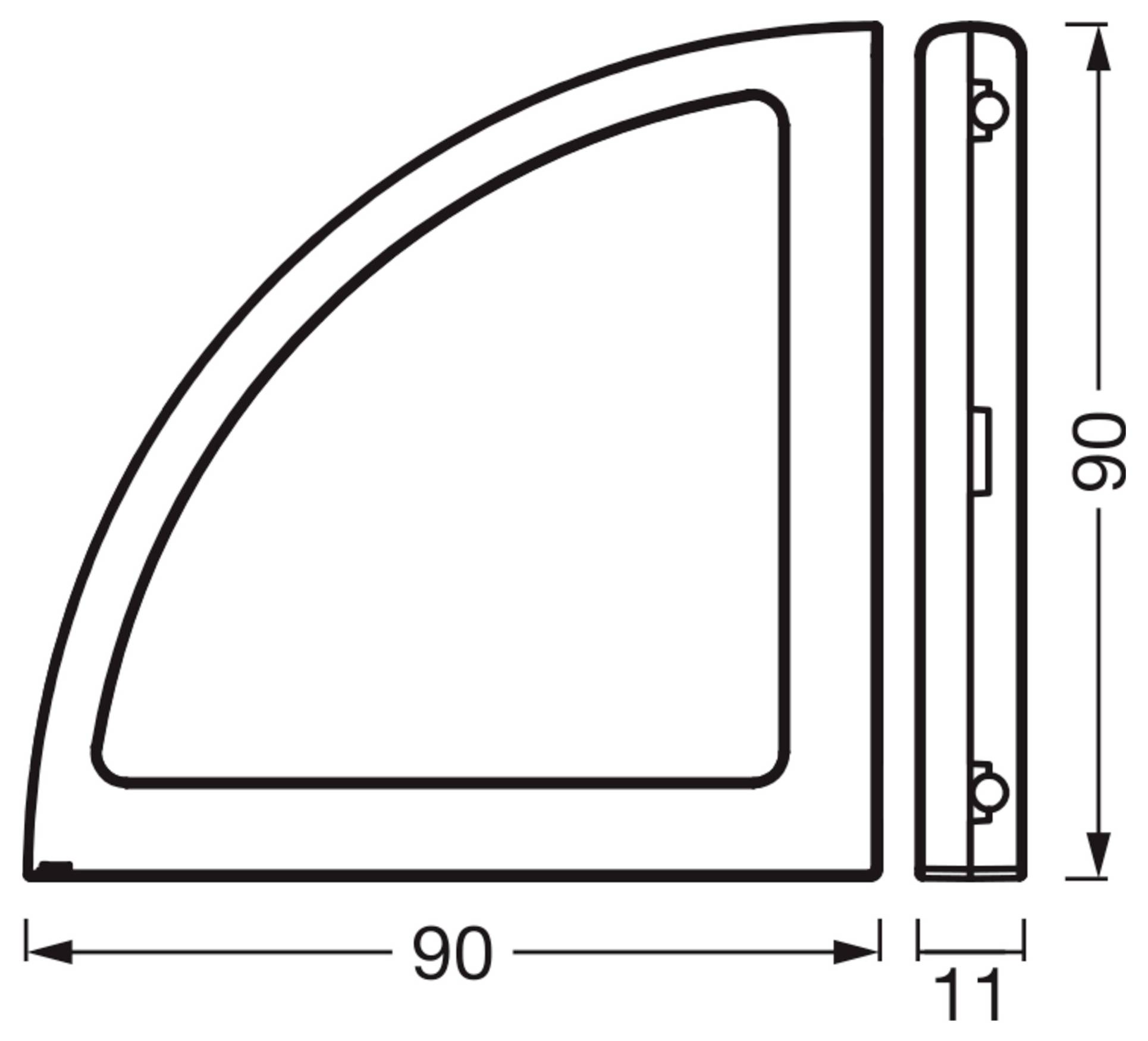 Teknisk tegning af et buet dørpanel med dimensionspile, der viser størrelse 90 x 90 og tykkelse 11.