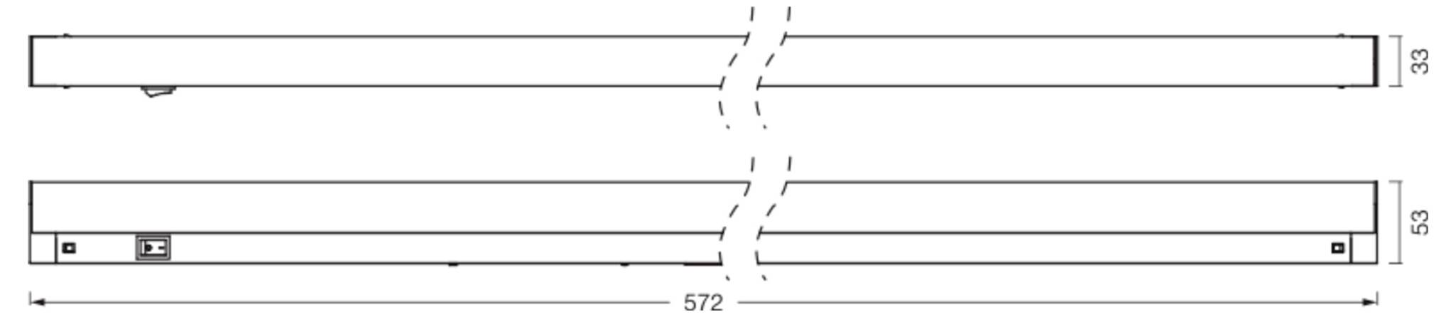 Teknisk tegning af en lang rektangulær stang vist i to justerede visninger med en centerbrudd; mærkede dimensioner omfatter 572, 53 og 33.