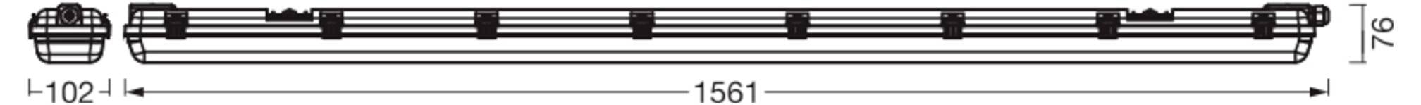 Målsættet sidebillede af en lang vandret metalskinne eller stang, mærket 1561 mm lang og 76 mm bred, med ender og fastgørelsesmidler vist.
