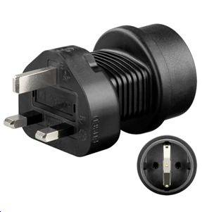 Sort britisk tre-stifts elektrisk stikadapter med cirkulær stikkerabning vist i for- og sidevisninger på hvid baggrund.