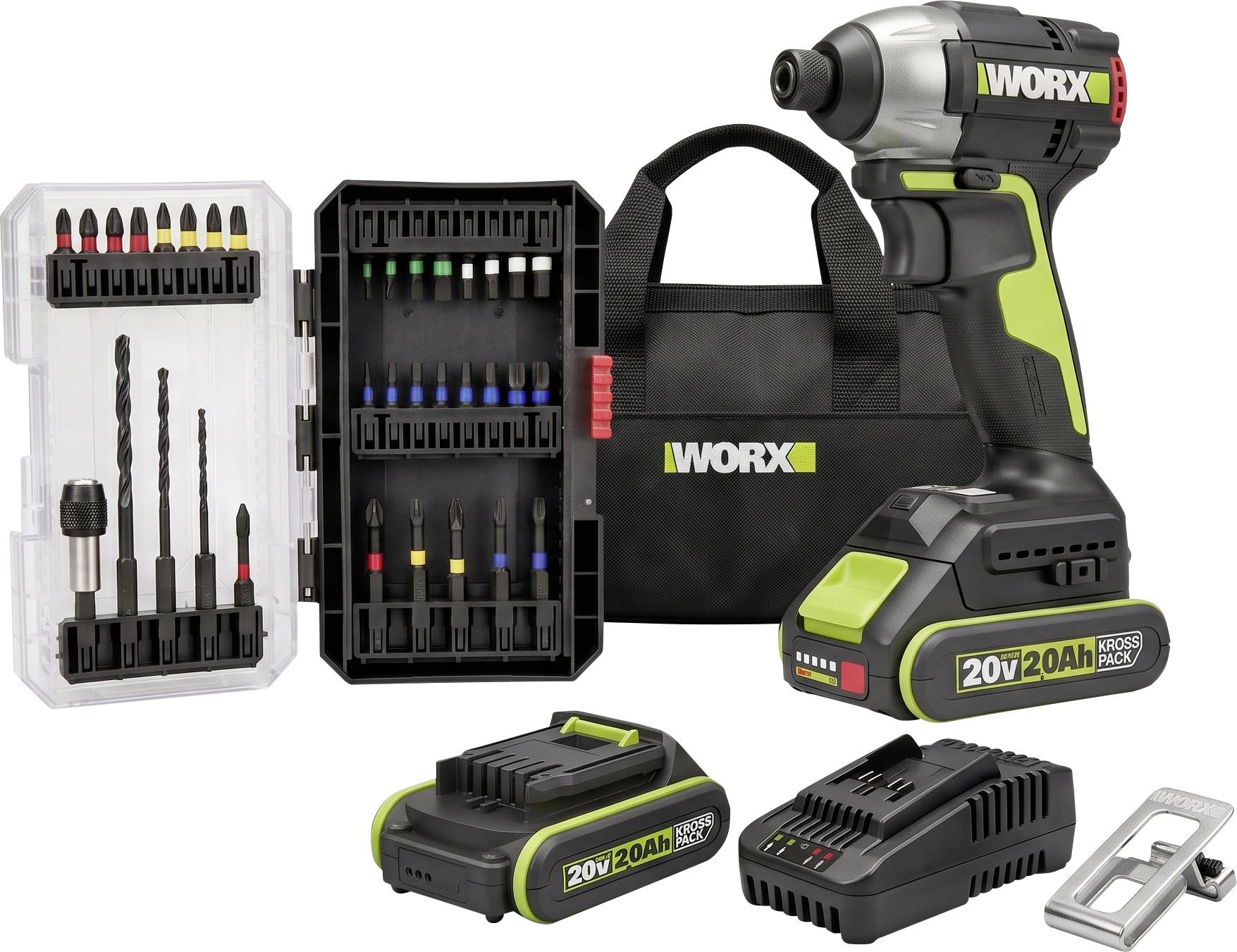 WORX trådløs slagboremaskine sæt med to 20V batterier, oplader, boresæt i kasser, transporttaske og tilbehørsbits.