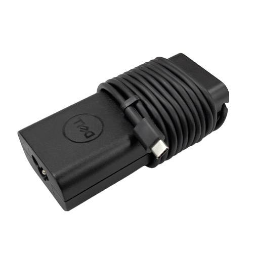 Sort Dell-bærbar computerstrømadapter med oprullet ladekabel og stik på hvid baggrund.