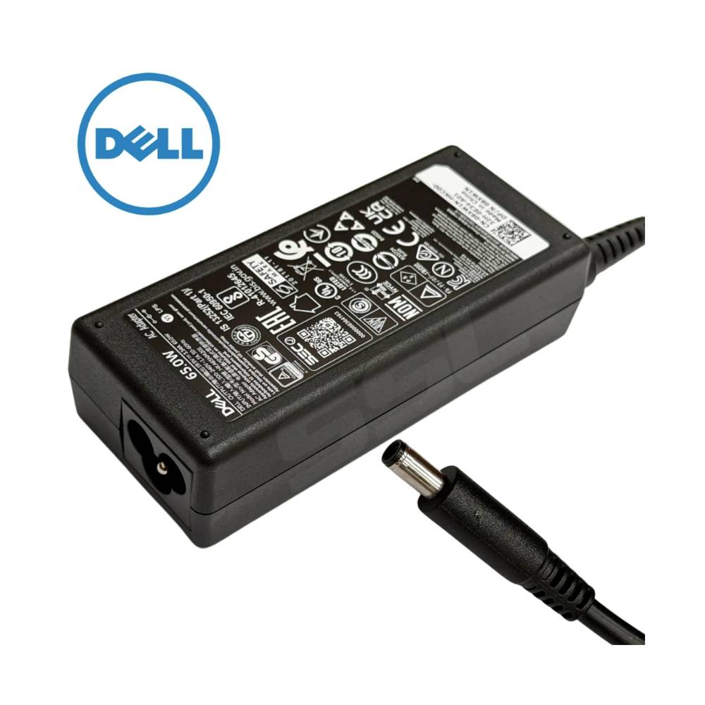 Dell bærbar computer strømadapter med tilsluttet DC-stik og Dell-logo