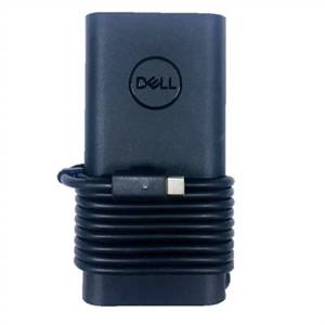 Dell bærbar computer strømadapter med oprulet opladningskabel viklet omkring den på hvid baggrund.