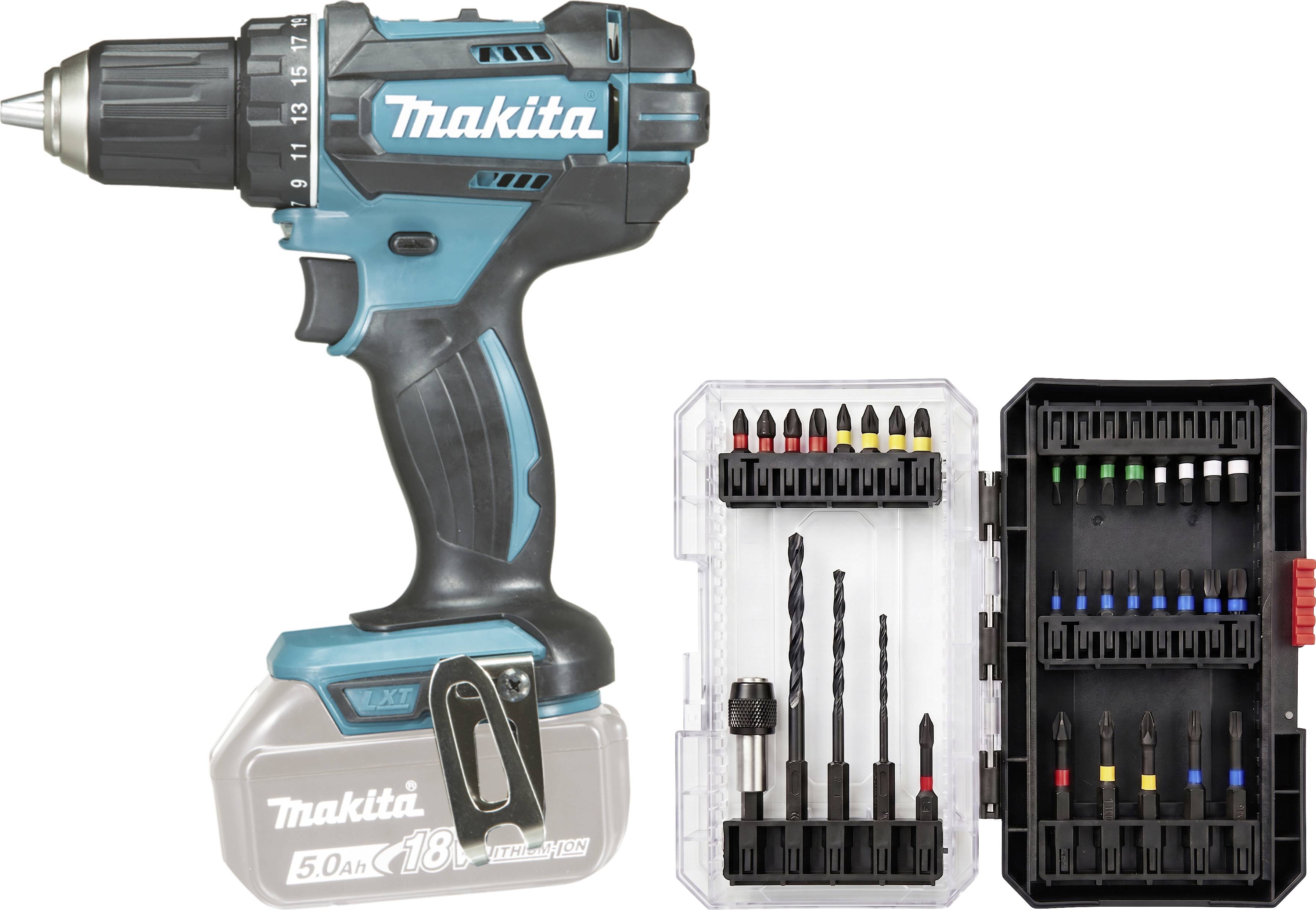 Makita trådløs bor-/skruetræk med batteri, vist med to sæt tilbehørsbits i gennemsigtigt og sort kasser.