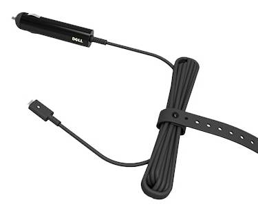 Dell bilstrømadapter med tilsluttet kabel og strop, vist opviklet på hvid baggrund.
