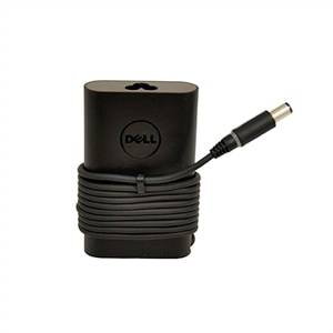 Dell strømadapter med snoet kabel og tøndeformet stik på hvid baggrund.