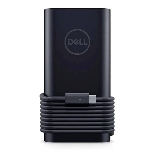 Sort Dell-strømadapter pakket ind med en opviklet opladningskabel, vist oprejst på hvid baggrund.