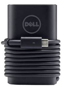 Sort Dell-laptop-strømadapter med oprullet kabel og USB-C-stik.