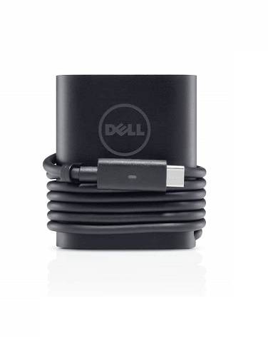 Dell USB-C strømadapter med rullet opladningskabel og stik, vist på hvid baggrund.