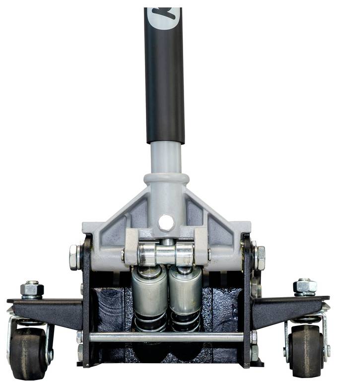 Frontvisning af et hydraulisk gulvjak med to forhjul og et sort håndtag, isoleret på en hvid baggrund.