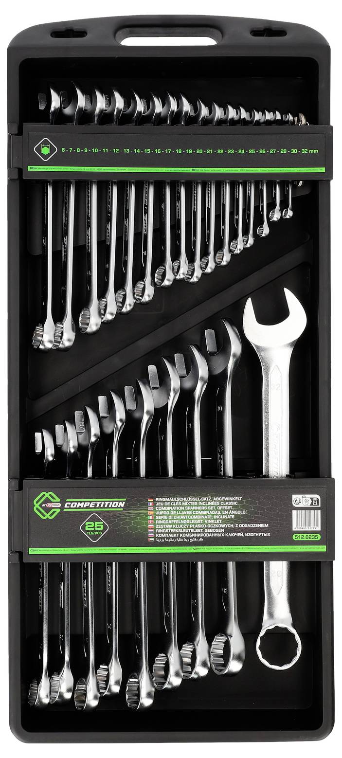 En sort værktøjskasse holder et sæt glinsende kombinationgafler arrangeret efter størrelse, med "COMPETITION" branding på emballagen.