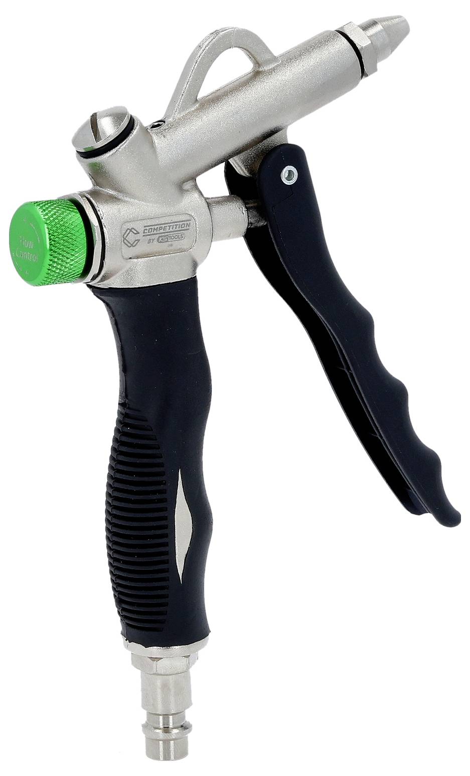 Nærbillede af en pneumatisk sprøjtepistol med en grøn justeringsknap, sort triggergrebs håndtag og metallisk dyse på hvid baggrund.