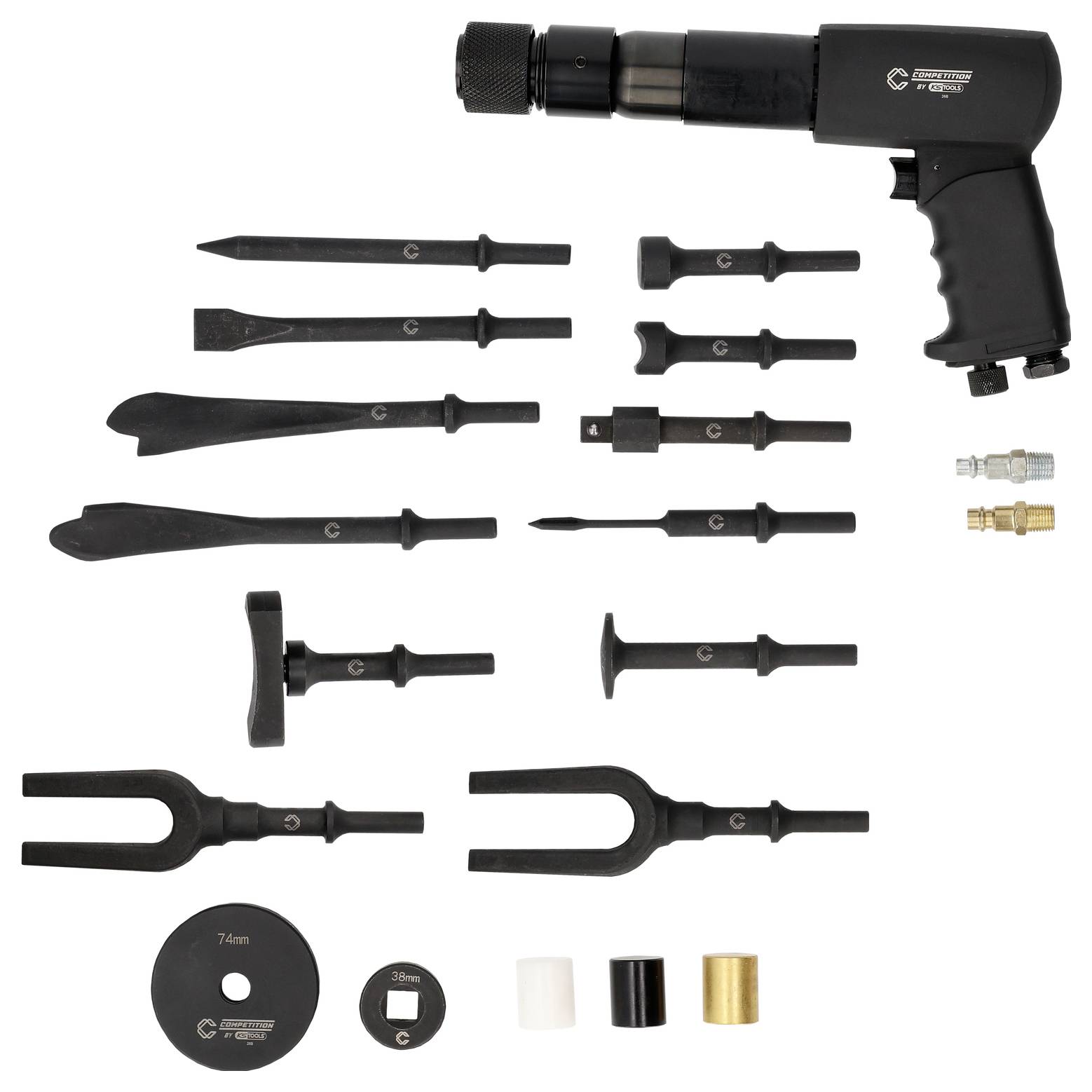 Pneumatisk nitlupistol med forskellige sorte metalmeisler, skrabere, stempler og gaffelvedhæftninger, plus små adaptere og hætter på hvid baggrund.