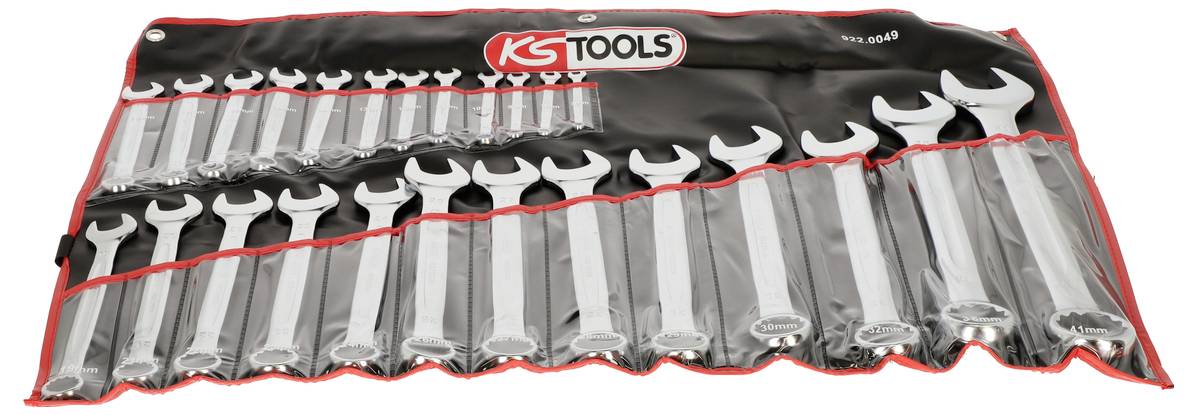 Roll-up KS Tools skruenøgle-sæt med flere åbne krumtappen arrangeret på rækker inden i en sort og rød transportkasse.