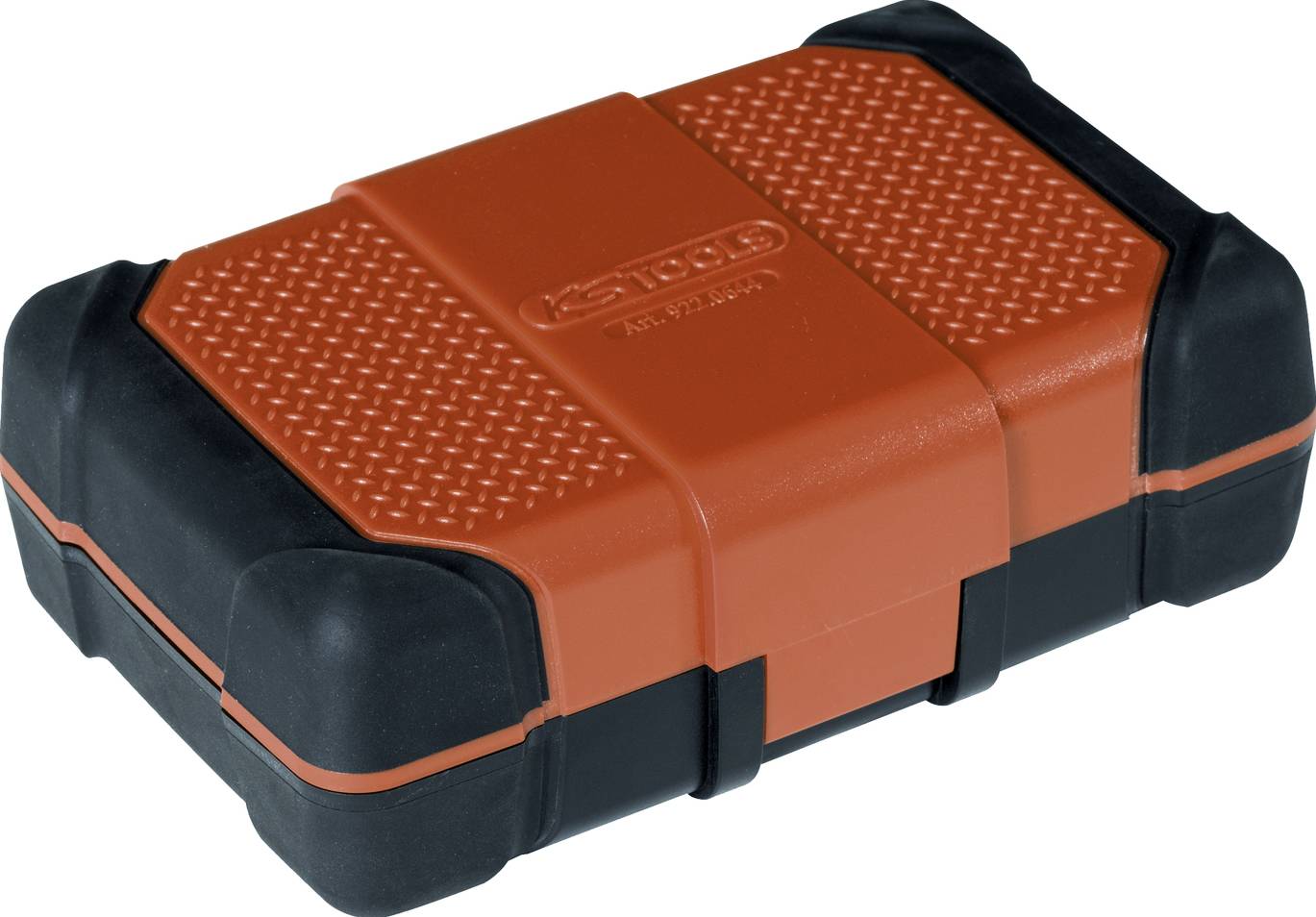 Orange og sort robust hårdt etui med struktureret top og låselukning, vist på en ensfarvede baggrund.