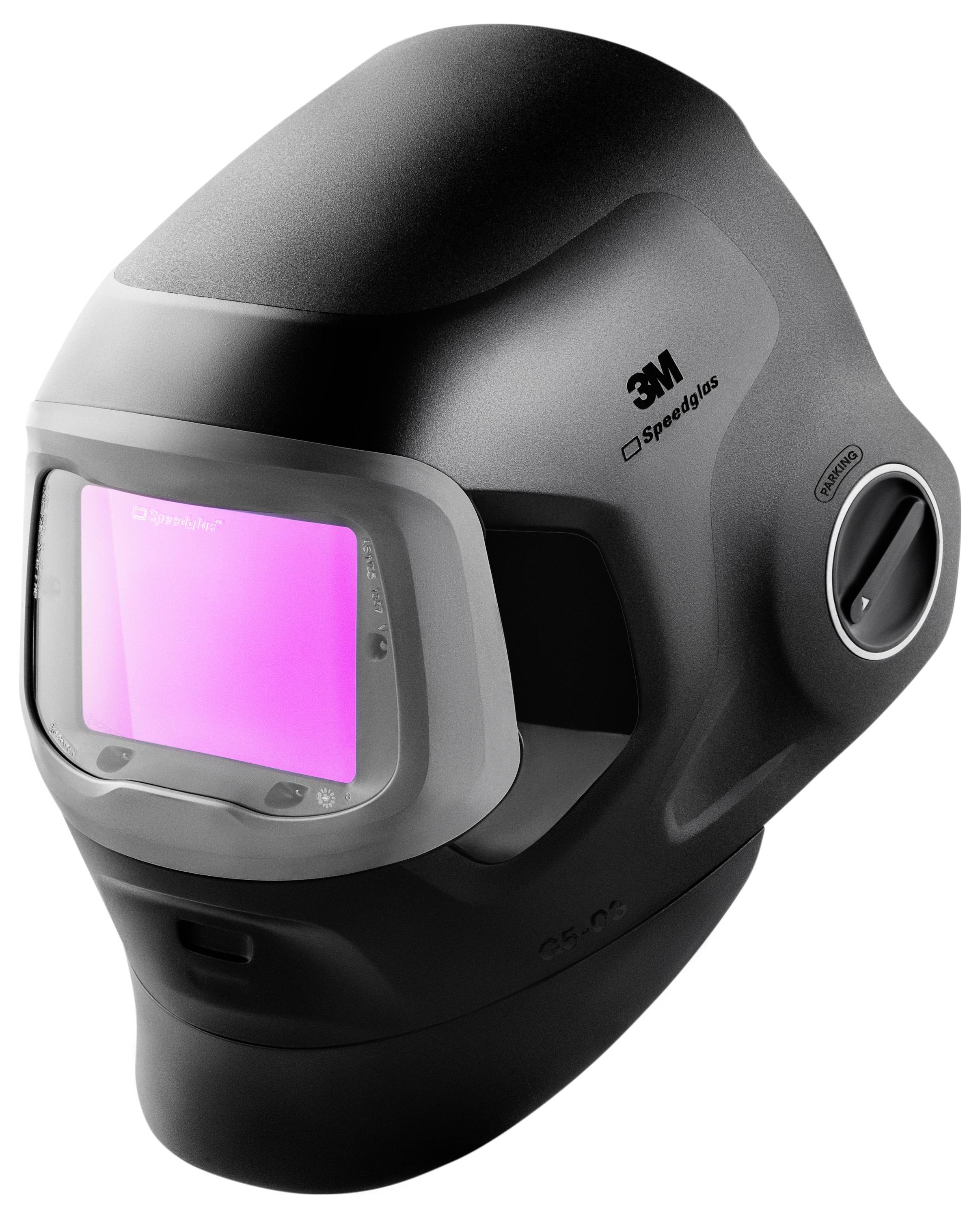 3M Speedglas svejsehjelm med lyserød automatisk mørkende visir og sidejusteringsdial på hvid baggrund