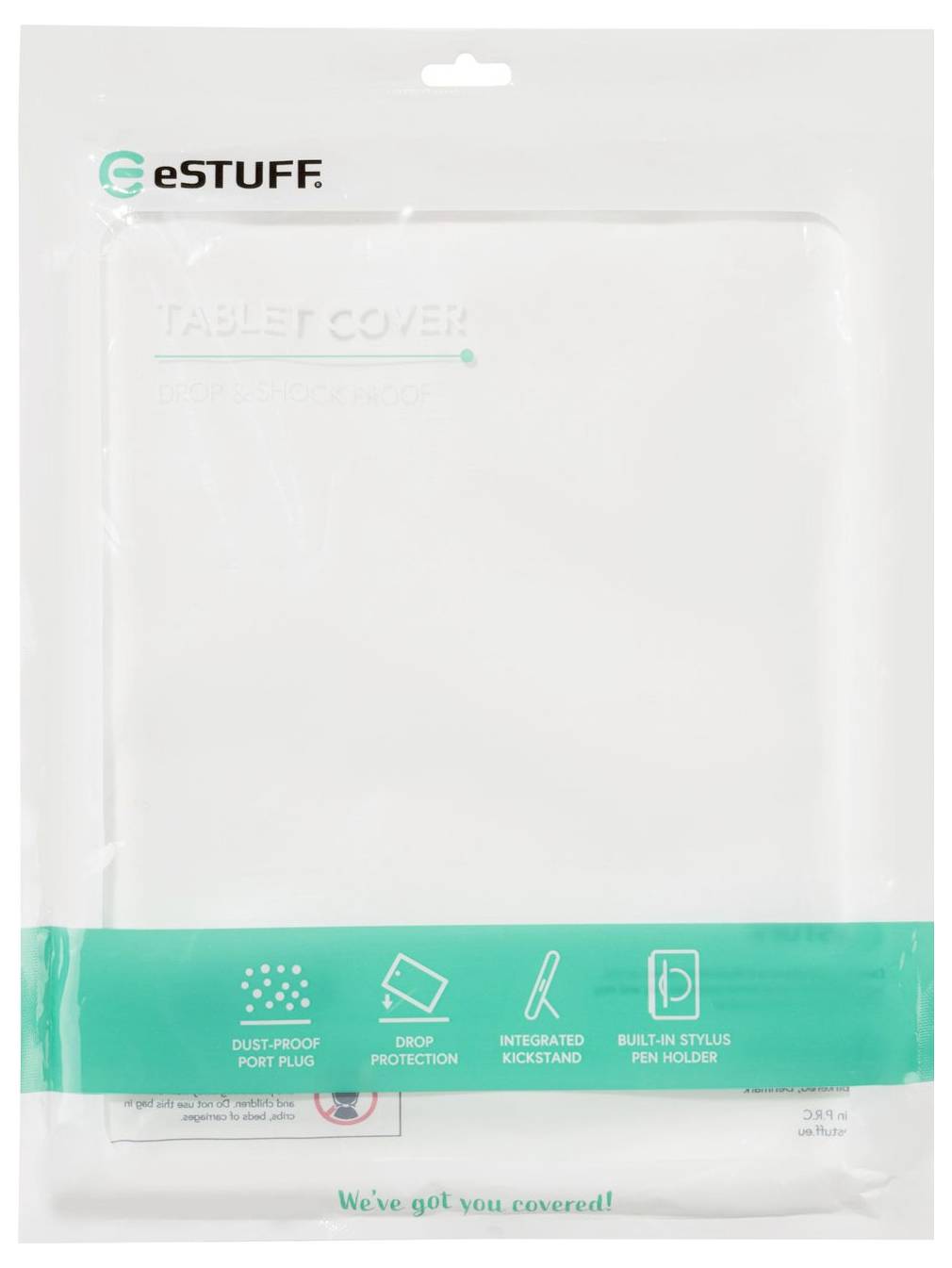 eSTUFF tablet cover i klar emballage med teal-farvet funktionsbånd, der viser støvtæt portprop, faldebeskyttelse, integreret stander og indbygget holder til stylus-pen.