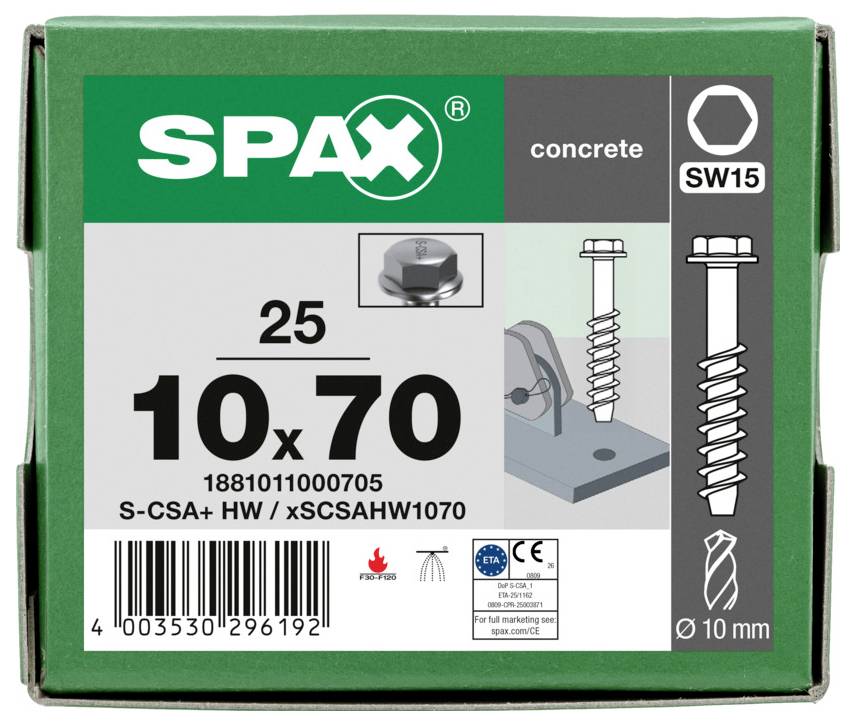 SPAX betongskrue æske mærket '10 x 70', SW15 og Ø10 mm, med skrueillustration og stregkode.