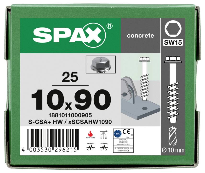 Æske med SPAX betonSkruer, størrelse 10x90 mm, SW15, pakke med 25 stk., med monterings- og boreikoner.