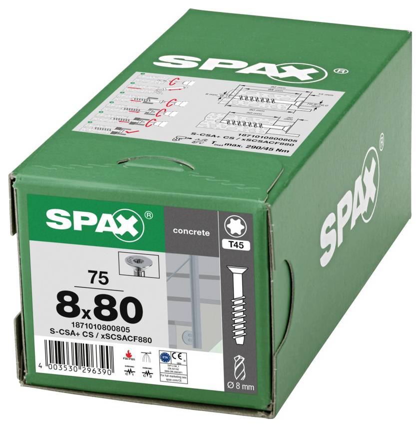 Grønt SPAX-æske med betonskruer, mærket '8x80' og '75', med produktdetaljer og en skrueillustration på forsiden.