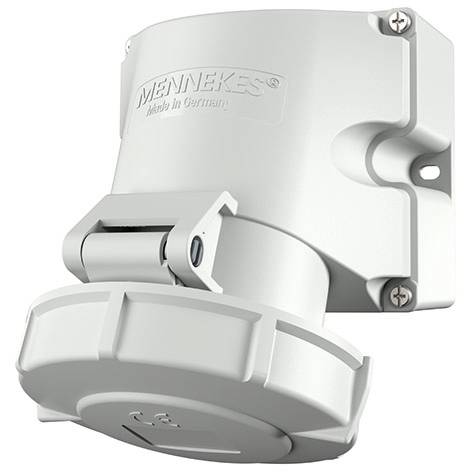 Hvid Mennekes industriel elektrisk stik monteret på en væg plade, vist i nærbillede produktvisning.