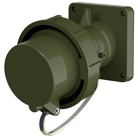 Olivengrøn militærstil vægmonteret elektrisk stik med beskyttelseshætte og fastgjort dæksel.