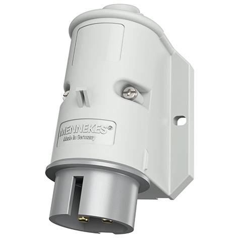 Hvid industriel elektrisk stikforbinder med monteringsbøjle, mærket 'MENNEKES', vist på en ensfarvt baggrund.