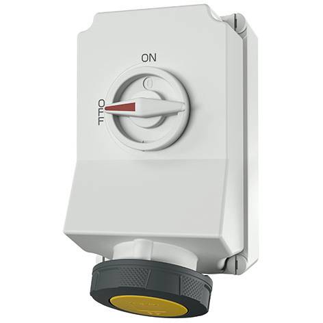 Hvid elektrisk kontaktboks med en rotationsdial mærket 'TIL' og 'FRA', monteret over en sort kabelstik.