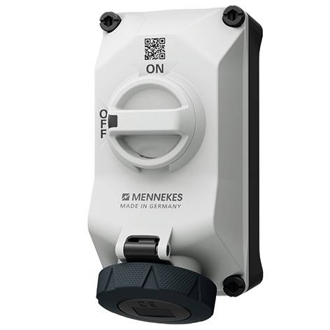 Hvid MENNEKES elektrisk kontaktkasse med roterende ON/OFF-knap og dækket stikkontakt, vist på en neutral baggrund.