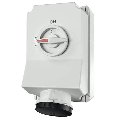 Hvid elektrisk kontakt eller afbryderbox med cirkulær ON/OFF-drejekontakt og tilsluttet sort kabelstik.