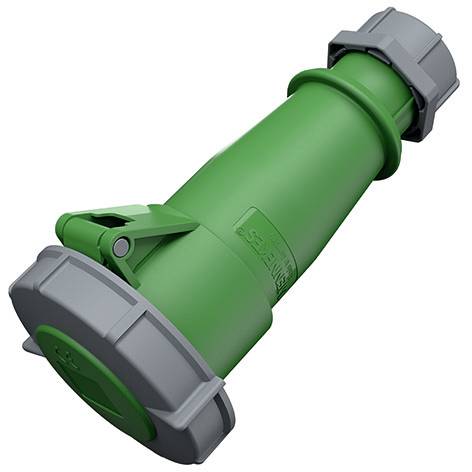 Grøn industriel elektrisk stik med grå låseklips, vist isoleret på hvid baggrund.