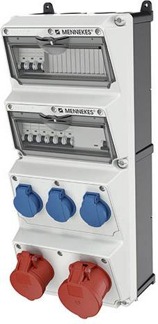 Mennekes industriel elektrisk fordelingskasse med to rækker afbrydere og tre blå og to røde stikkontakter.