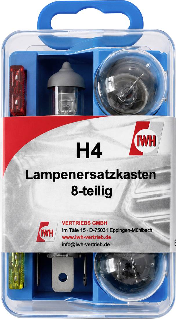 Emballage til H4 udskiftningslyspære-sæt, mærket "Lampenersatzkasten 8-teilig" med 8 dele og IWH-branding.