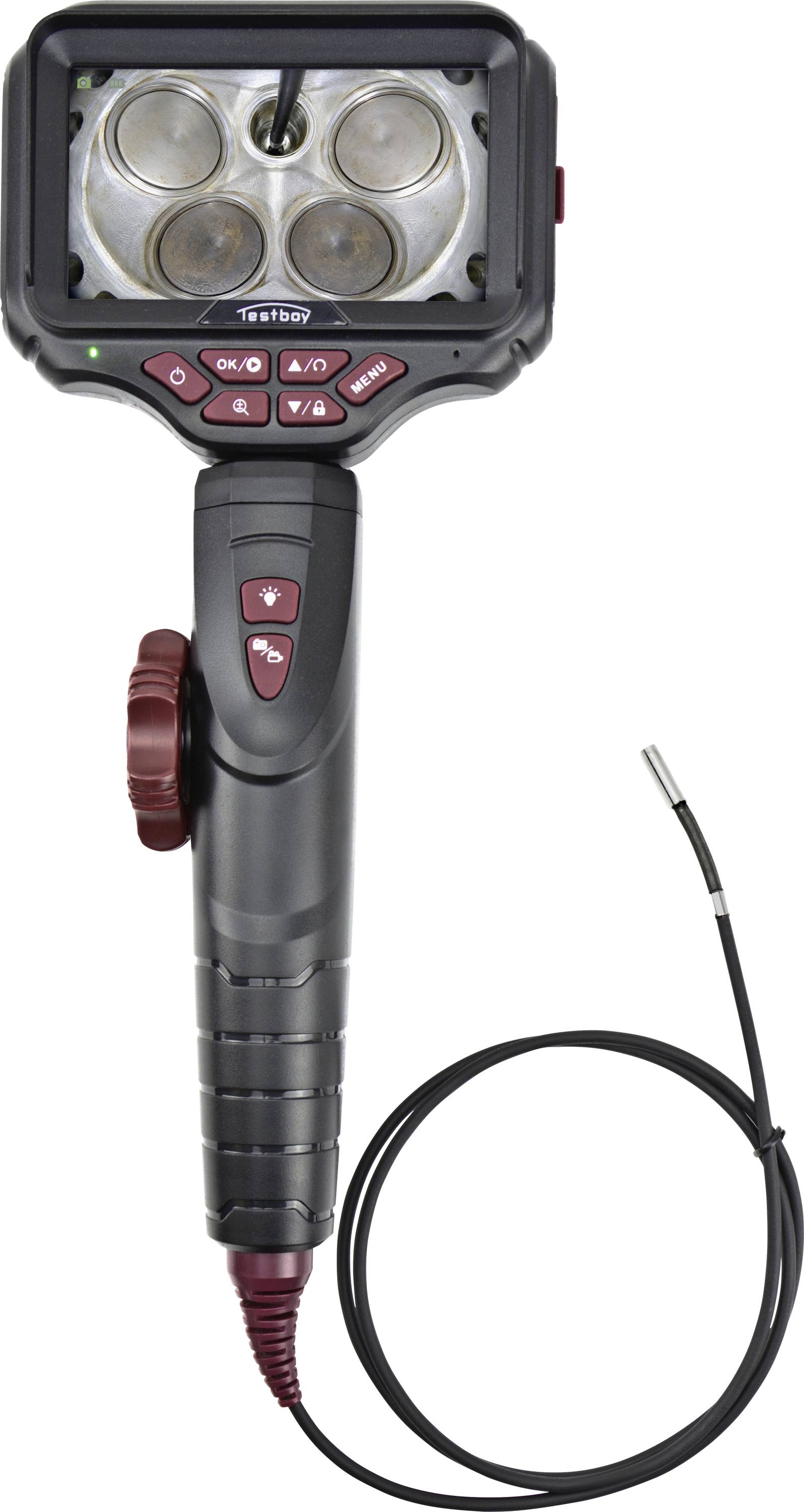 Håndholdt borescope inspektionskamera med rektangulært display og fleksibel sonde, brugt til visning af trange rum.