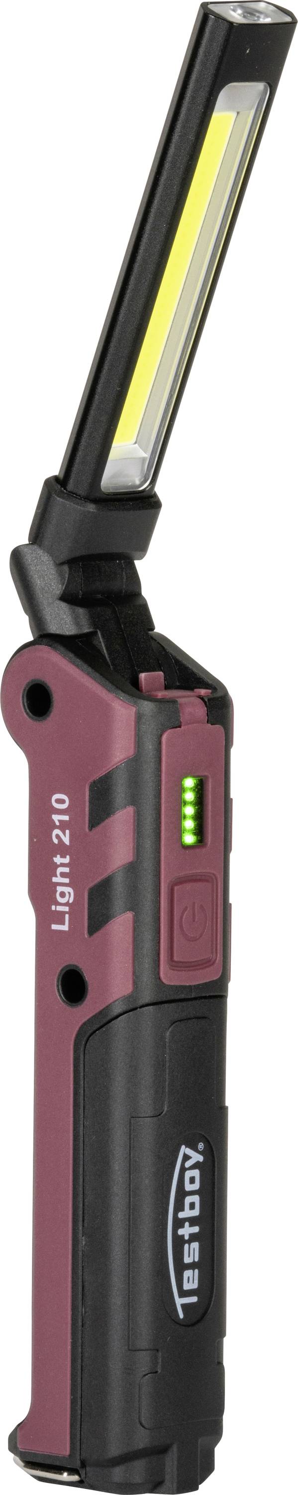 Sort og rød Testboy Light 210 håndholdt arbejdslys med gul LED-stribe og grøn batteriindikator.