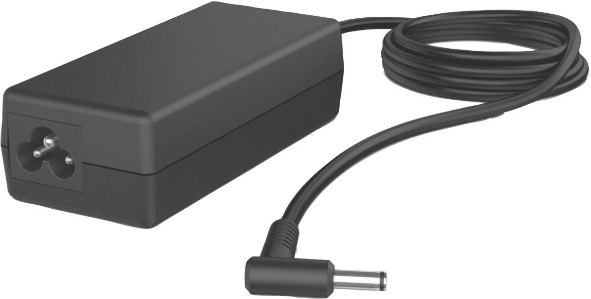 Sort laptop strømadapter med tilsluttet ledning og vinklet tromletstik på hvid baggrund.